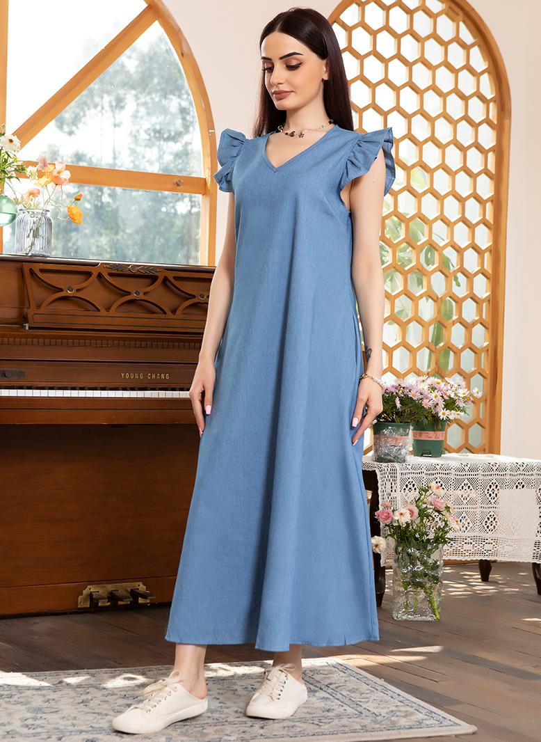 FridayIn Sweet V-neck Ruffle collar Solid color Ruffle Long Dresses Light blue - Image 3