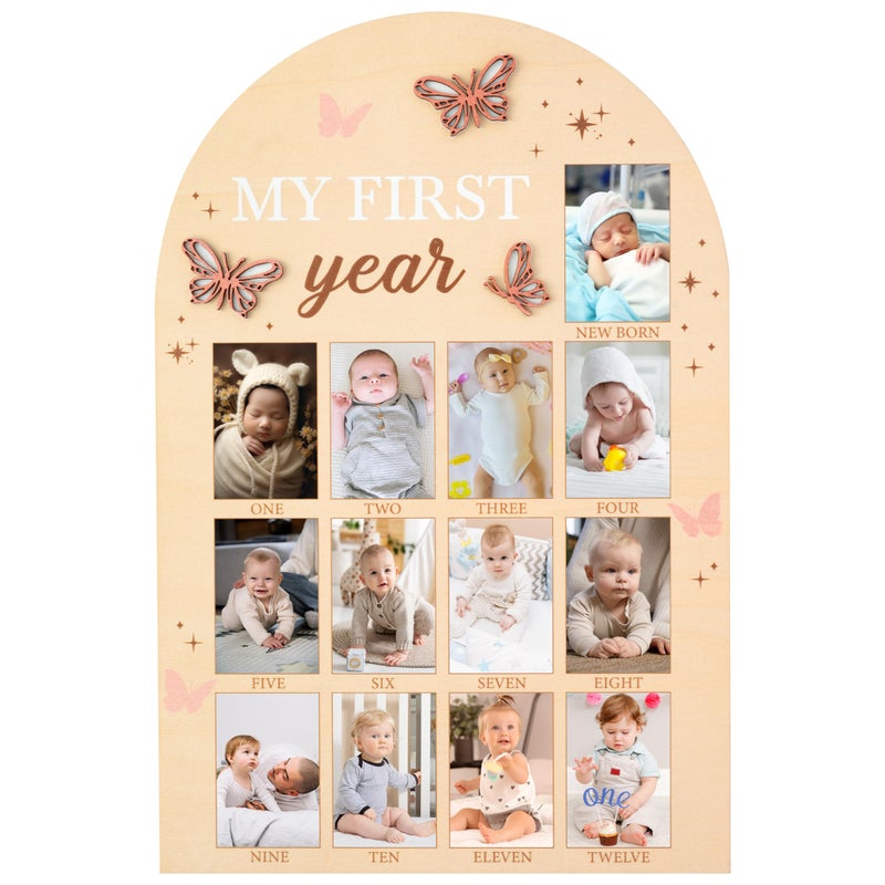 R HORSE R HORSE My First Year Photo Frame Board 3D Butterfly Baby First Year Picture Frame 12 Months Milestone Display Wood Board Baby Keepsake 1st Birthday Nursery Decor Gift for Boy Girl