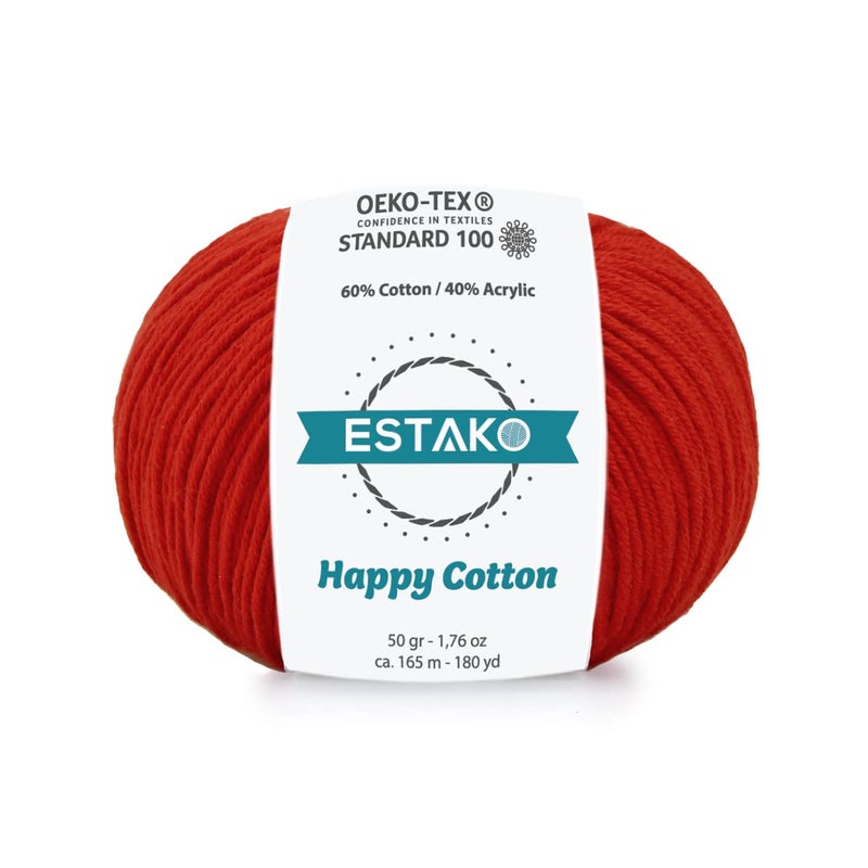 Estako Happy Cotton, 60% Cotton 40% Acrylic Yarn, Soft, Fine/Sport (2) for Crochet and Knitting 1.76 Oz (50g) / 180 Yrds (165m) (4510 - Red) - Image 1