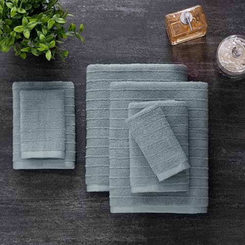 Welhome James 100% Cotton Textured Stripe Towel Set - 6 Piece Set of 2 Bath Towels, 2 Hand Towels, 2 Washcloths, Soft & Absorbent, Dusty Blue - Image 2