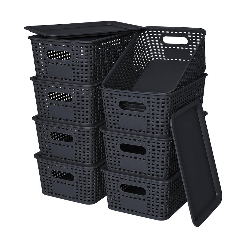 Ohmlove Plastic Storage Baskets with Lid-Plastic Storage Containers Stackable Storage bins: Storage Baskets for Organizing Shelves Drawers Desktop Closet Playroom Classroom Office, 8Pack-Black10.2x7.2x4.1Inch - Image 1