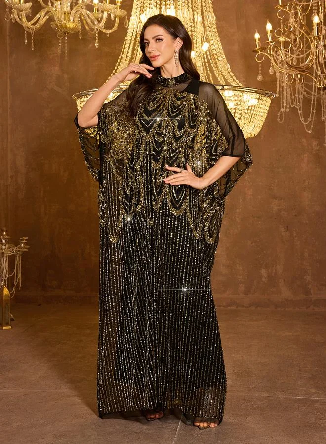 Supgir Black Sequin Batwing Sleeves Kaftan Dress with Maxi Dress Set