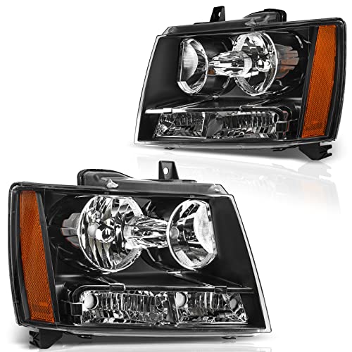 DWVO Headlights Assembly Compatible with 20072014 Chevy Tahoe Chevrolet Suburban 20072013 Chevy Avalanche OE Halogen Model Replacement Headlamps Black Housing Amber Reflector Clear Lens - Image 1