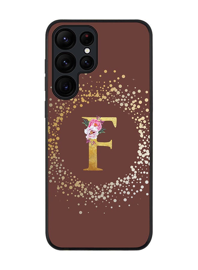 Stylizedd حافظة حواف سوداء متينة لهاتف سامسونج جالاكسي S23 ألترا 5G - حافظة مرنة رقيقة من مطاط TPU - نمط زهور مخصص بحرف أولي - F (بني) - Image 1