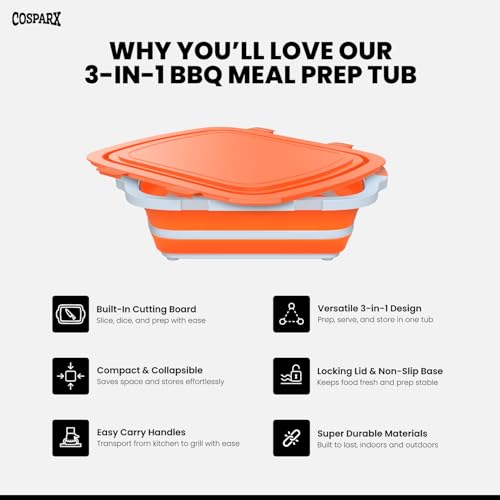 COSPARX XL Collapsible BBQ Prep Tub with Cutting Board & Drain Plug – Portable Food Prep Station for Kitchen, Camping & Grill – Dishwasher Safe, Space-Saving Design – Heat-Resistant Glove Included (Orange) - Image 3