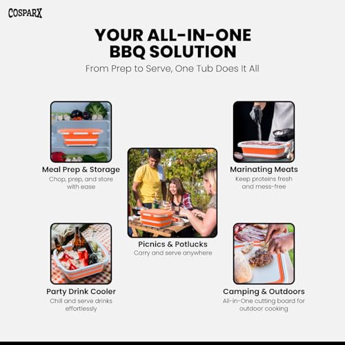 COSPARX XL Collapsible BBQ Prep Tub with Cutting Board & Drain Plug – Portable Food Prep Station for Kitchen, Camping & Grill – Dishwasher Safe, Space-Saving Design – Heat-Resistant Glove Included (Orange) - Image 4