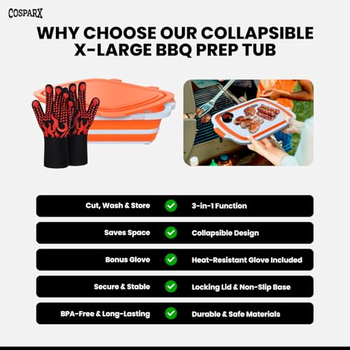 COSPARX XL Collapsible BBQ Prep Tub with Cutting Board & Drain Plug – Portable Food Prep Station for Kitchen, Camping & Grill – Dishwasher Safe, Space-Saving Design – Heat-Resistant Glove Included (Orange) - Image 5