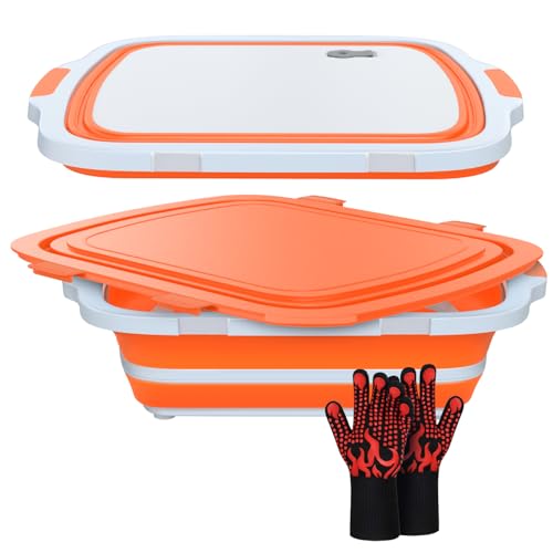 COSPARX XL Collapsible BBQ Prep Tub with Cutting Board & Drain Plug – Portable Food Prep Station for Kitchen, Camping & Grill – Dishwasher Safe, Space-Saving Design – Heat-Resistant Glove Included (Orange) - Image 1