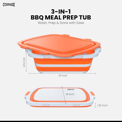 COSPARX XL Collapsible BBQ Prep Tub with Cutting Board & Drain Plug – Portable Food Prep Station for Kitchen, Camping & Grill – Dishwasher Safe, Space-Saving Design – Heat-Resistant Glove Included (Orange) - Image 2