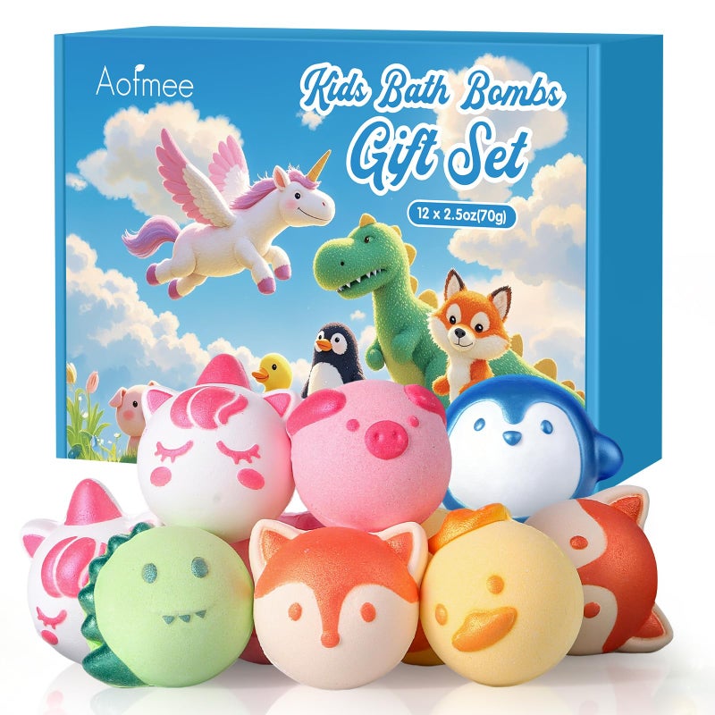 Aofmee Bath Bombs for Kids, 12 Pcs Kids Bath Bombs with Essential Oil, 6 Animal Shapes and Fruity Aroma, Natural Organic Spa Gift Set for Boys Girls, Birthday Christmas Halloween - Image 1