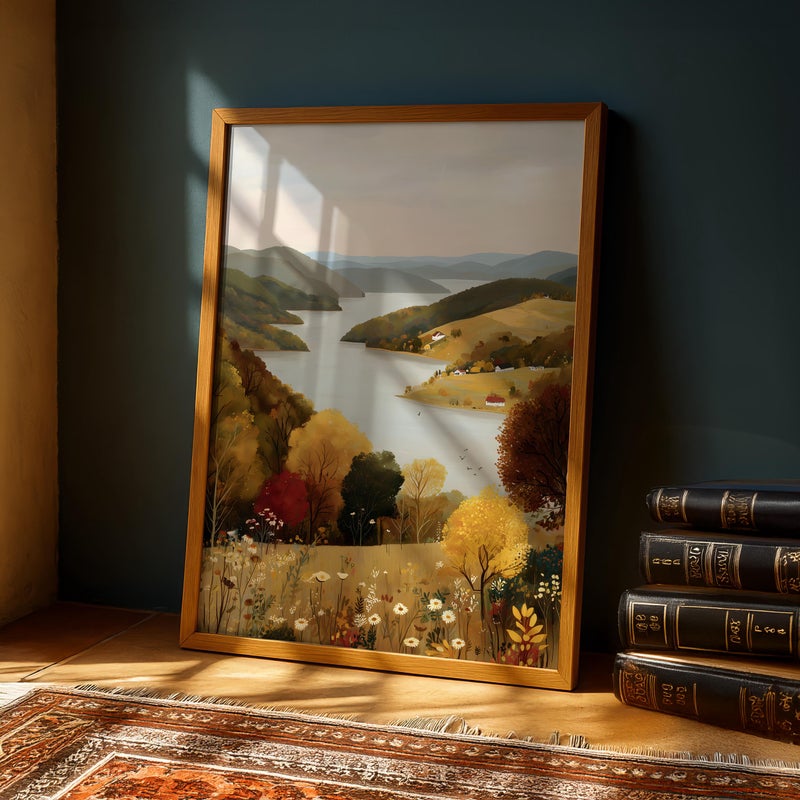 TNESSENTIAL Autumn Countryside Landscape Wall Art Print, Autumn/Fall Nature Poster with Lake & Hills, Tranquil Living Room Wall Decor – Golden Valley - Image 2