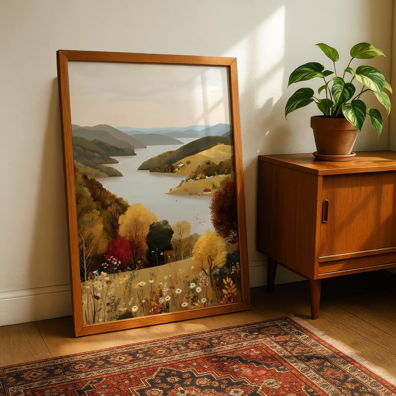 TNESSENTIAL Autumn Countryside Landscape Wall Art Print, Autumn/Fall Nature Poster with Lake & Hills, Tranquil Living Room Wall Decor – Golden Valley - Image 3