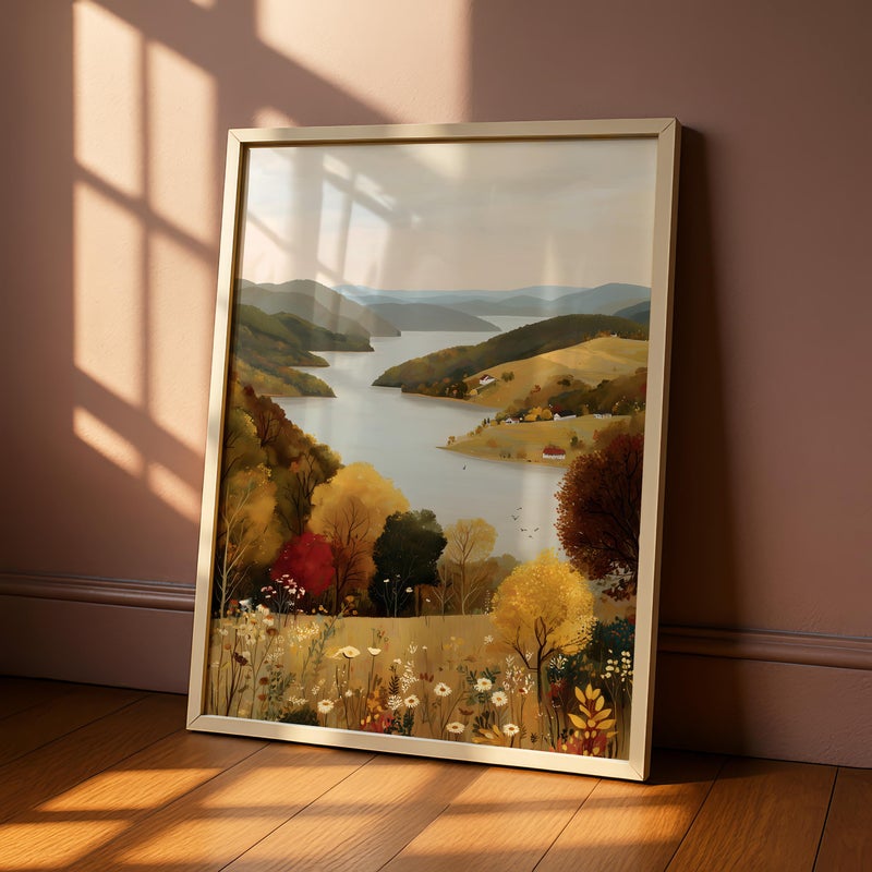 TNESSENTIAL Autumn Countryside Landscape Wall Art Print, Autumn/Fall Nature Poster with Lake & Hills, Tranquil Living Room Wall Decor – Golden Valley - Image 1