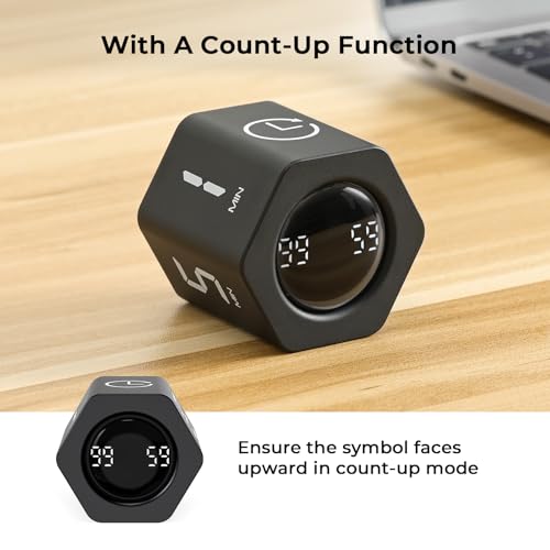 EooCoo Pomodoro Cube Timer with Gravity Sensor,1/5/10/30/60 Minutes Preset,Desk Countup Time with Vibration,Adjustable Modes for Work & Study,Portable Productivity Timer for Focus and Efficiency-Black - Image 4