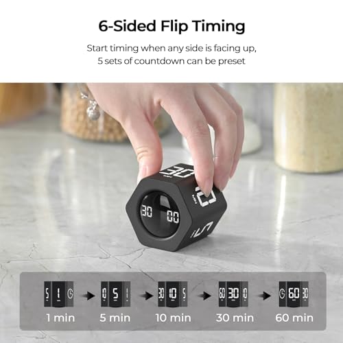 EooCoo Pomodoro Cube Timer with Gravity Sensor,1/5/10/30/60 Minutes Preset,Desk Countup Time with Vibration,Adjustable Modes for Work & Study,Portable Productivity Timer for Focus and Efficiency-Black - Image 3