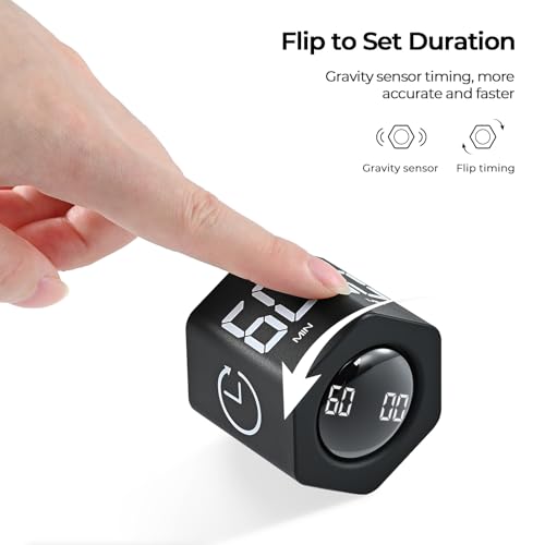 EooCoo Pomodoro Cube Timer with Gravity Sensor,1/5/10/30/60 Minutes Preset,Desk Countup Time with Vibration,Adjustable Modes for Work & Study,Portable Productivity Timer for Focus and Efficiency-Black - Image 2