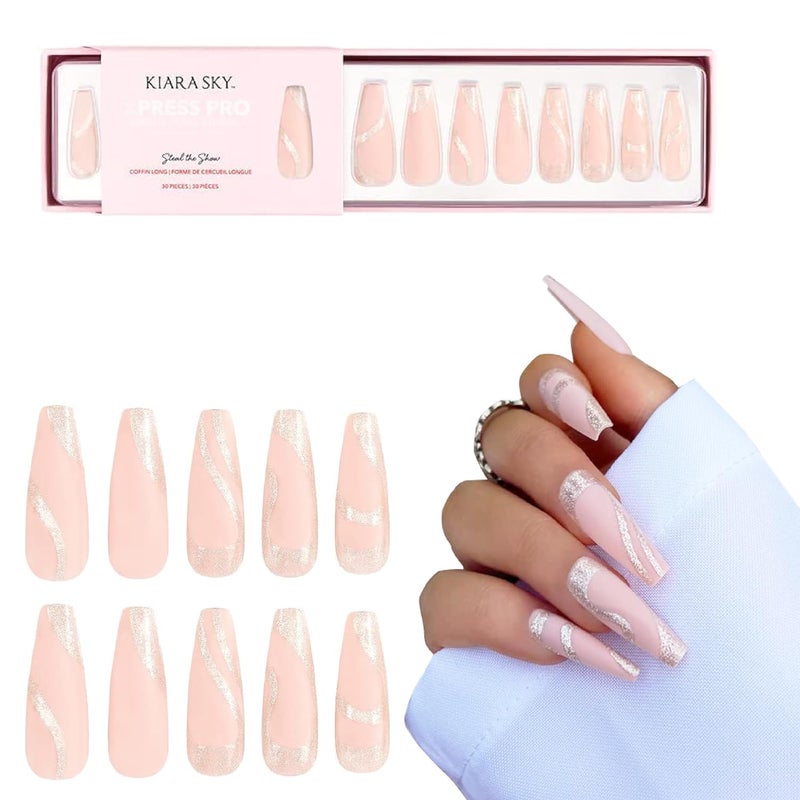 Kiara Sky XPRESS PRO 100% Acrylic Press On Nails - Instant Salon Quality Manicure, Long-Lasting, Easy Application, 30 Pieces Kit, Coffin Long-Steal The Show