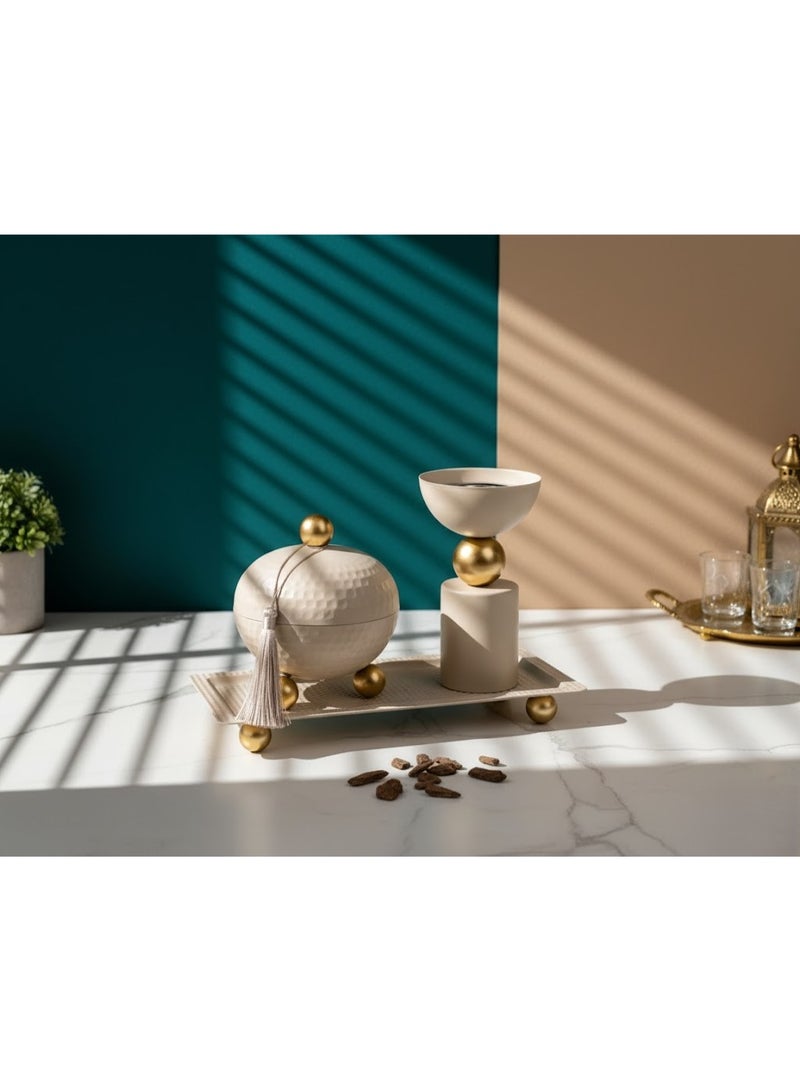 طقم مبخرة وعلبة بخور وصينية مستطيل بتصميم عصري مميز لون بيج - Image 3