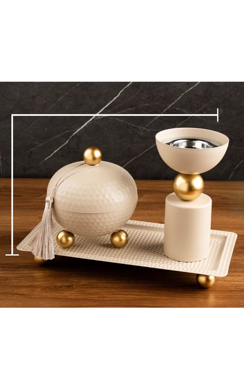 طقم مبخرة وعلبة بخور وصينية مستطيل بتصميم عصري مميز لون بيج - Image 2