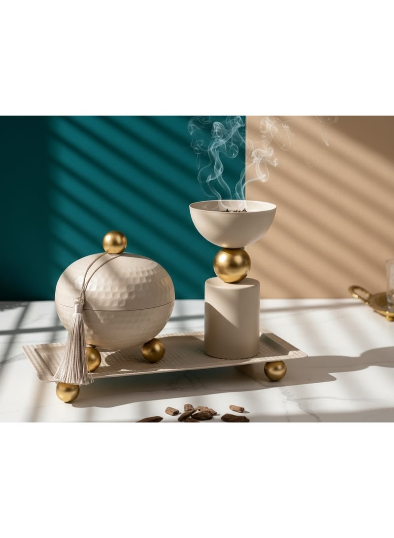 طقم مبخرة وعلبة بخور وصينية مستطيل بتصميم عصري مميز لون بيج - Image 1