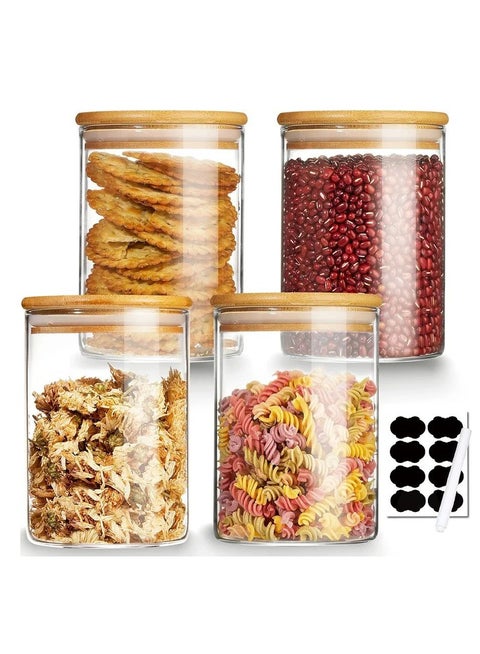 4 pcs 750 ml (27oz) Round Glass Storage Jar with Bamboo Lids Airtight, Stackable Glass Canisters & Containers for Kitchen Storages Food Coffee Tea Cookie Pasta Candy Grains Herb