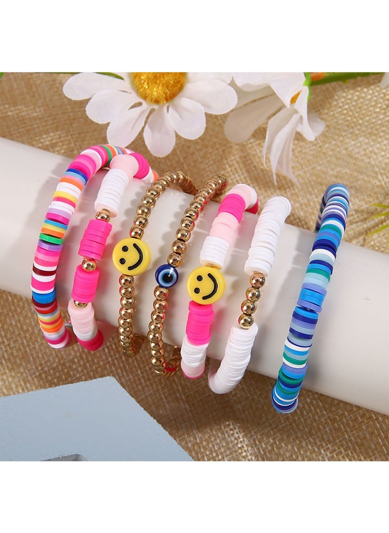 7 Pcs Bohemian Multi Layer Beaded Stacking Bracelets for Women Bead Bracelets Versatile Slip on Stackable Smile Face Bead Bracelets Set