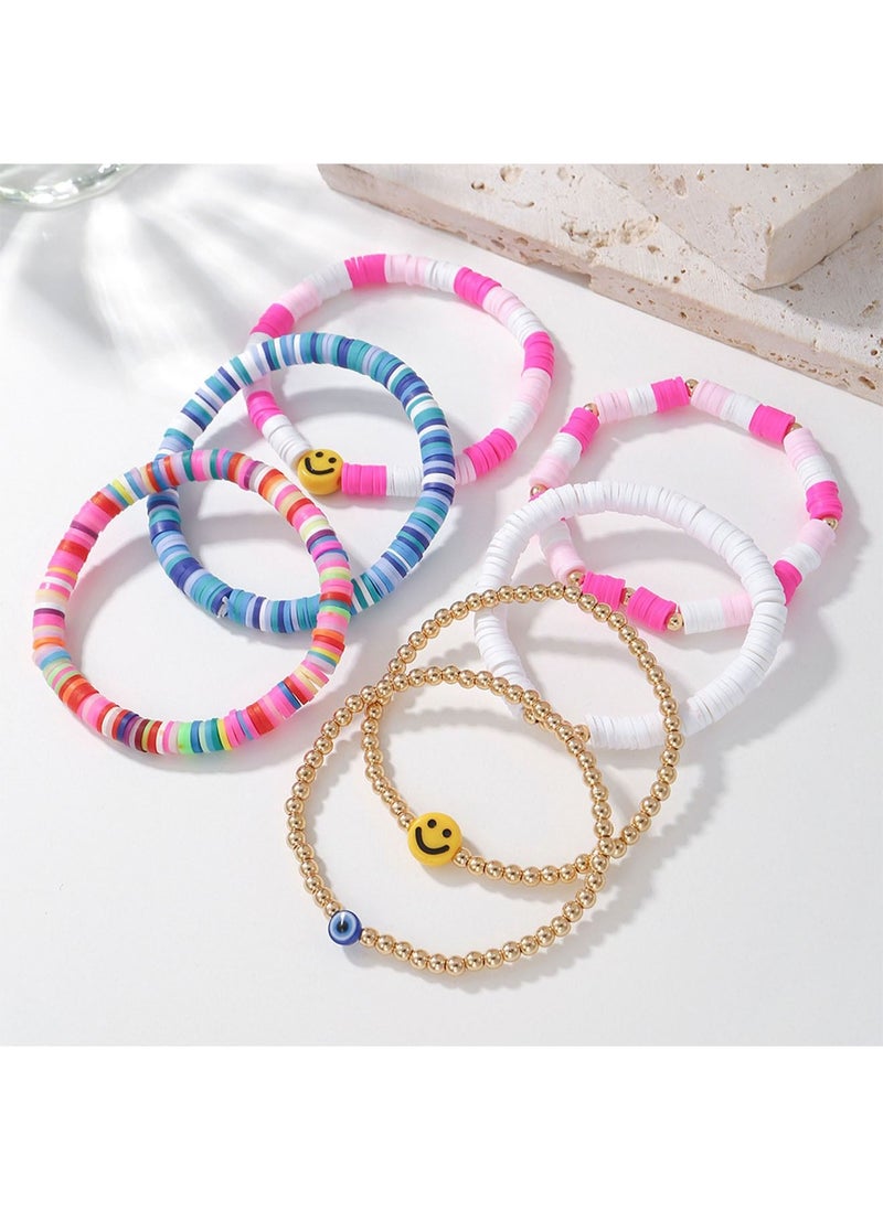 7 Pcs Bohemian Multi Layer Beaded Stacking Bracelets for Women Bead Bracelets Versatile Slip on Stackable Smile Face Bead Bracelets Set