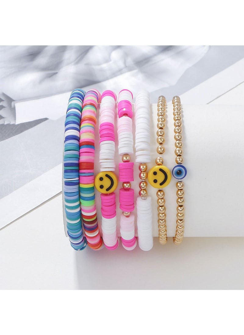 7 Pcs Bohemian Multi Layer Beaded Stacking Bracelets for Women Bead Bracelets Versatile Slip on Stackable Smile Face Bead Bracelets Set
