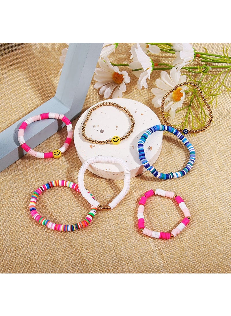 7 Pcs Bohemian Multi Layer Beaded Stacking Bracelets for Women Bead Bracelets Versatile Slip on Stackable Smile Face Bead Bracelets Set