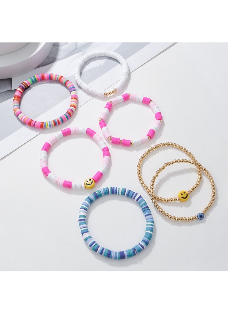 7 Pcs Bohemian Multi Layer Beaded Stacking Bracelets for Women Bead Bracelets Versatile Slip on Stackable Smile Face Bead Bracelets Set
