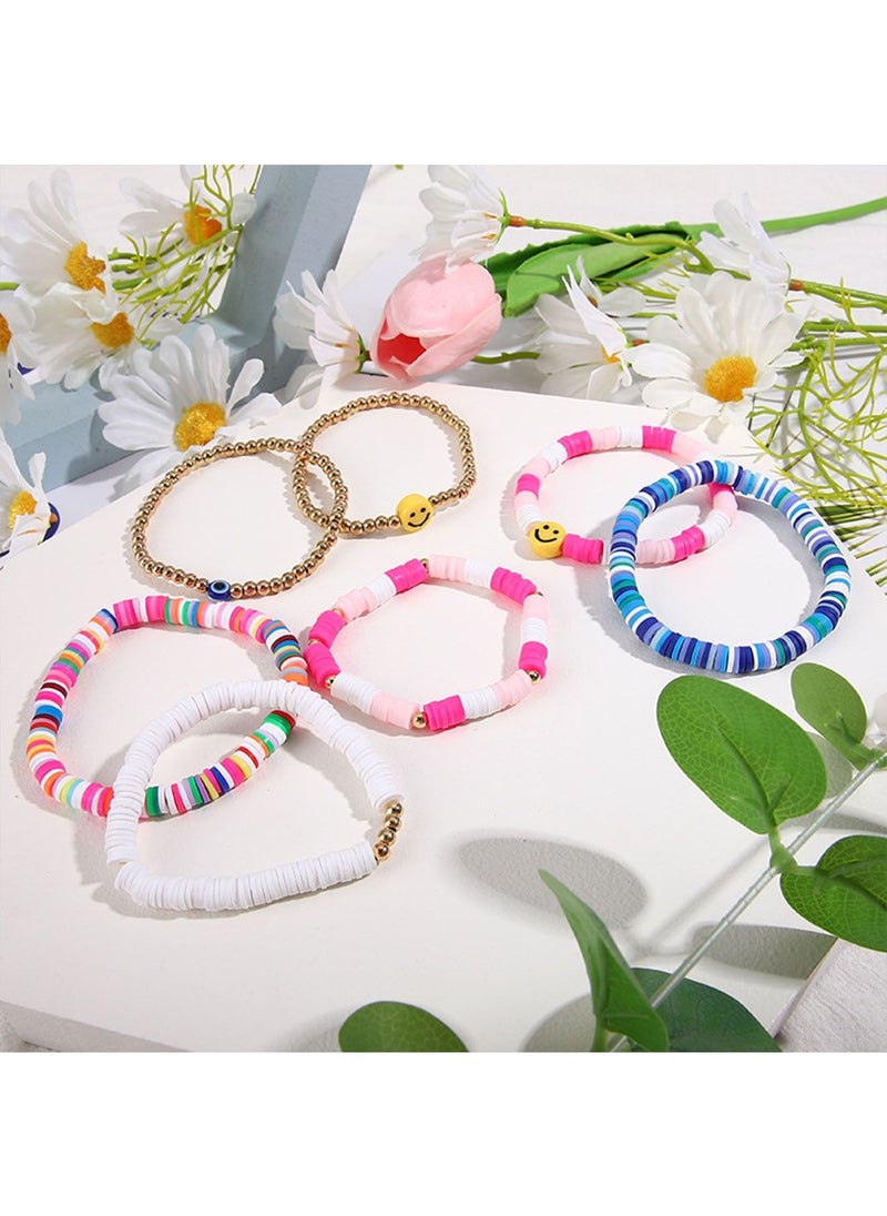7 Pcs Bohemian Multi Layer Beaded Stacking Bracelets for Women Bead Bracelets Versatile Slip on Stackable Smile Face Bead Bracelets Set