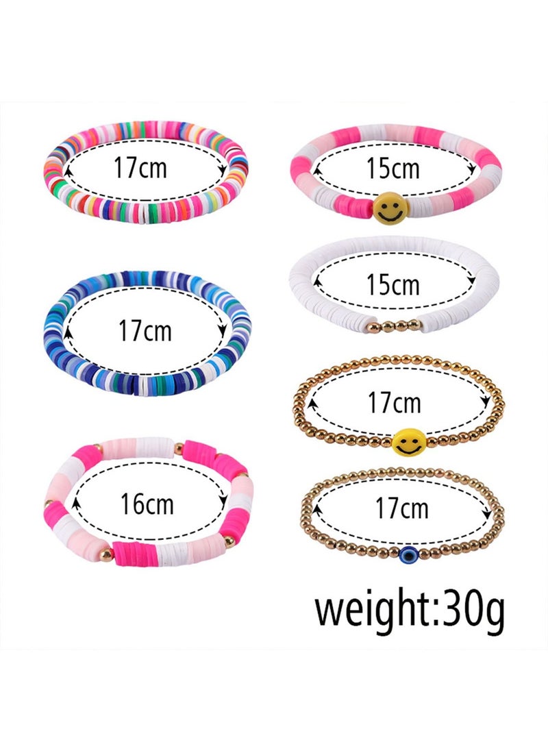 7 Pcs Bohemian Multi Layer Beaded Stacking Bracelets for Women Bead Bracelets Versatile Slip on Stackable Smile Face Bead Bracelets Set