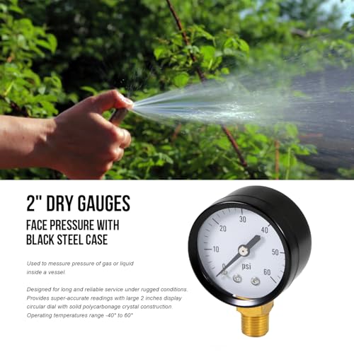 SUPPLYGIANT Supply Giant 2" inch Dial Utility Dry Water Pressure Gauge, Ideal for Swimming Pool Filter - Spa - Sprinkler - Well Pump - Aquarium - Water Hose, 1/4" NPT Lower Mount Brass Connection, 0-60 Psi - Image 3