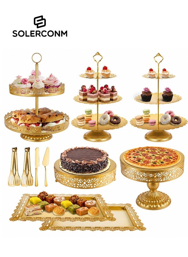 Solerconm Gold Metal Cake Stand Tiered Dessert Display Set – Cupcake, Fruit, Candy & Donut Serving Tower Tray Platter - Image 1