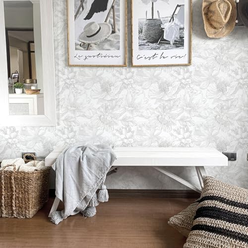Ismoon Large Floral Peel and Stick Wallpaper Boho White/Grey Contact Paper 17.3inx6.5ft Removable Self Adhesive Bedroom Cabinet Mural Wall Decor Vinyl Roll - Image 5
