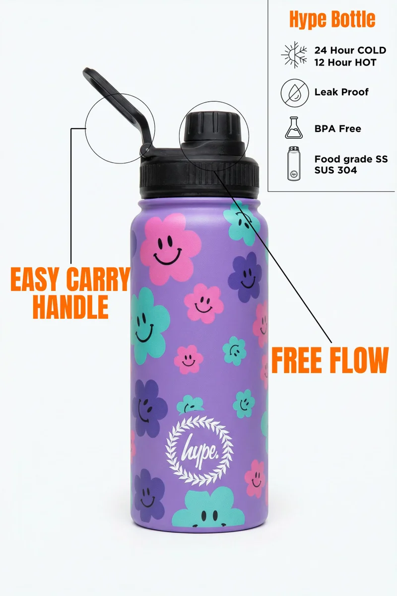Just Hype HYPE Water Bottle Purple Happy Flowers
