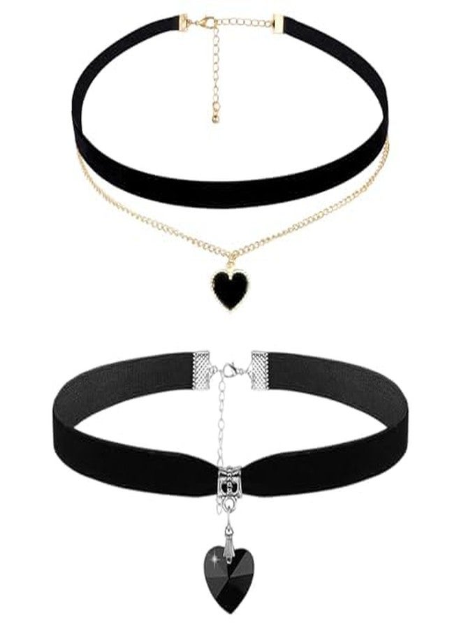 xinxingin 2 Pcs Gothic Jewellery Heart Choker Necklace, Gothic Choker, Vintage Black Velvet Choker for Halloween Parties, Valentine's Day and Cosplay Events, Adjustable Gothic Necklace with Black Heart Pendant - Image 1