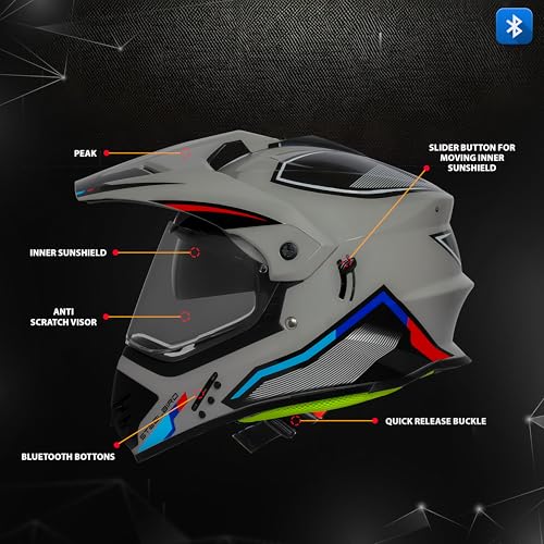 Steelbird SBH-13 Racer Bluetooth Off Road ISI Certified Motocross Double Visor Full Face Helmet Outer Clear Visor and Inner Smoke Sun Shield (Large 600 MM, Glossy Titanium Grey Red) - Image 3