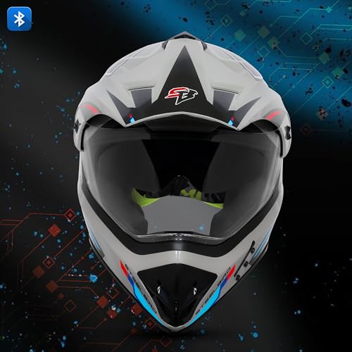 Steelbird SBH-13 Racer Bluetooth Off Road ISI Certified Motocross Double Visor Full Face Helmet Outer Clear Visor and Inner Smoke Sun Shield (Large 600 MM, Glossy Titanium Grey Red) - Image 4