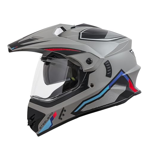 Steelbird SBH-13 Racer Bluetooth Off Road ISI Certified Motocross Double Visor Full Face Helmet Outer Clear Visor and Inner Smoke Sun Shield (Large 600 MM, Glossy Titanium Grey Red) - Image 1