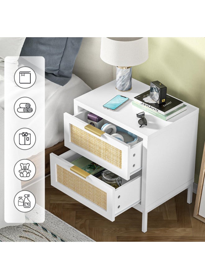Giluta Giluta Farmhouse White nightstands with 2 Drawers, Natural Rattan Night Stand, White End Table with Metal Legs, Bedside Table for Bedroom  - Image 2