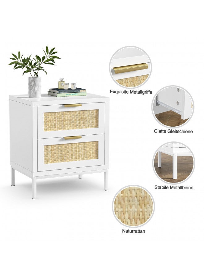 Giluta Giluta Farmhouse White nightstands with 2 Drawers, Natural Rattan Night Stand, White End Table with Metal Legs, Bedside Table for Bedroom  - Image 3