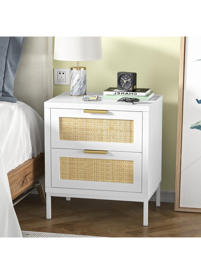 Giluta Giluta Farmhouse White nightstands with 2 Drawers, Natural Rattan Night Stand, White End Table with Metal Legs, Bedside Table for Bedroom  - Image 1