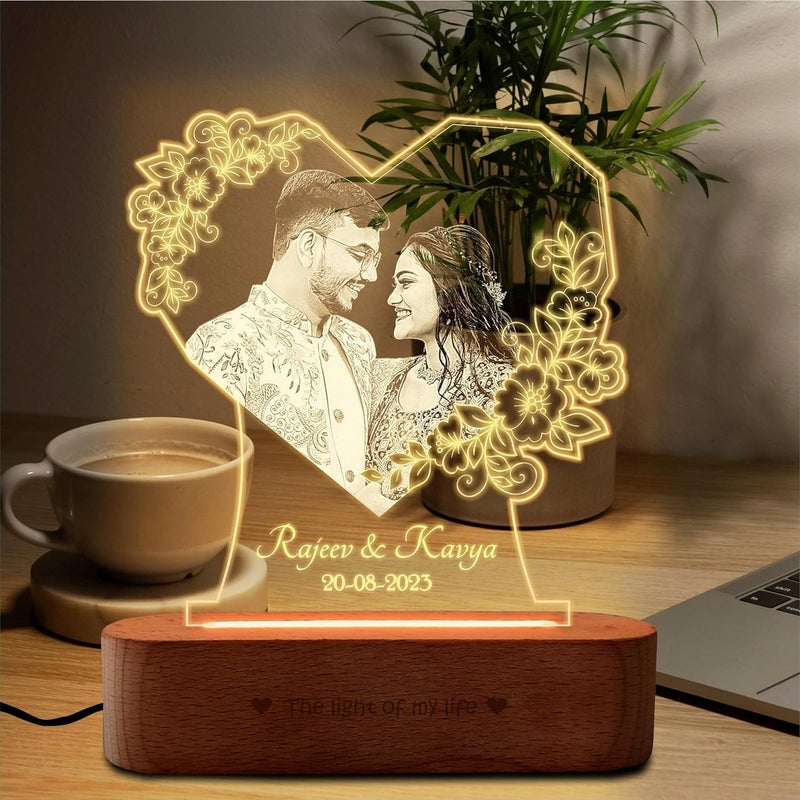 BnC Gifts BnC Gifts Heart Shape Love Anniversary Wedding Gift for Couple Special Personalized Heart Shaped Photo Engraved LED Picture Frame Customized Birthday Gift for Wife Husband Photo Lamps - Image 1