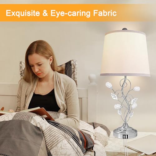 Sheetea 24.5in Modern Table Lamps - Set of 2, Silver with 2 USB Charging Ports, White Bedside Lamps for Nightstand, Unique Vine Leaf Design for End Table Reading - Image 3