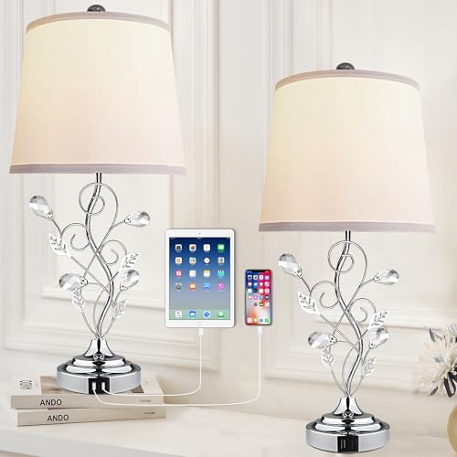 Sheetea 24.5in Modern Table Lamps - Set of 2, Silver with 2 USB Charging Ports, White Bedside Lamps for Nightstand, Unique Vine Leaf Design for End Table Reading - Image 1