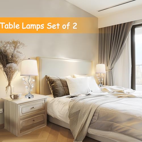 Sheetea 24.5in Modern Table Lamps - Set of 2, Silver with 2 USB Charging Ports, White Bedside Lamps for Nightstand, Unique Vine Leaf Design for End Table Reading - Image 5