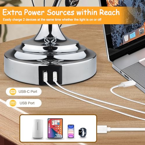 Sheetea 24.5in Modern Table Lamps - Set of 2, Silver with 2 USB Charging Ports, White Bedside Lamps for Nightstand, Unique Vine Leaf Design for End Table Reading - Image 2