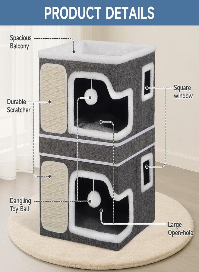 Shikha Double Cat Beds for Indoor Cats, 2-Storey Cat House with Large Cozy Hideaways, Dual Purpose Cat Cave Cube with Scratch Pads, Hanging Balls, Foldable Indoor Cat Houses for Multi Cats Kittens Small Pets - Image 5