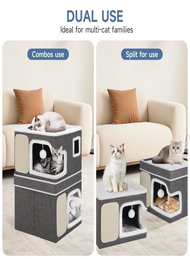 Shikha Double Cat Beds for Indoor Cats, 2-Storey Cat House with Large Cozy Hideaways, Dual Purpose Cat Cave Cube with Scratch Pads, Hanging Balls, Foldable Indoor Cat Houses for Multi Cats Kittens Small Pets - Image 3